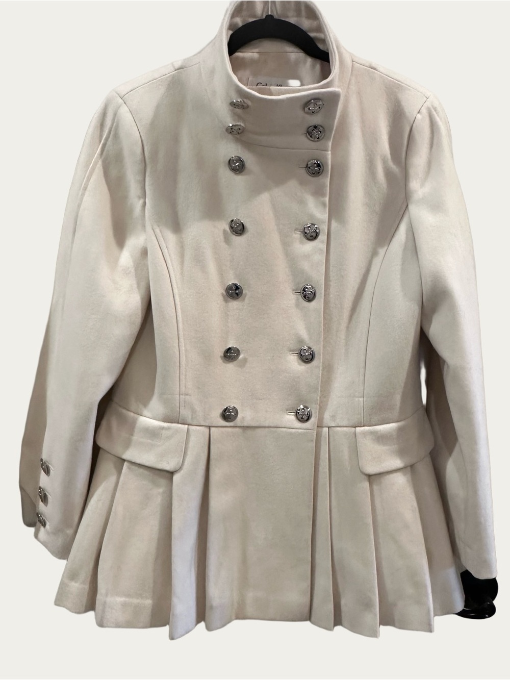 Calvin Klein Elegant Double-Breasted Pleated Skirt Cream Jacket Size 8
